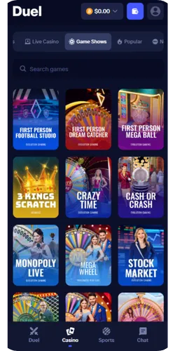 Główne menu aplikacji Duel Casino